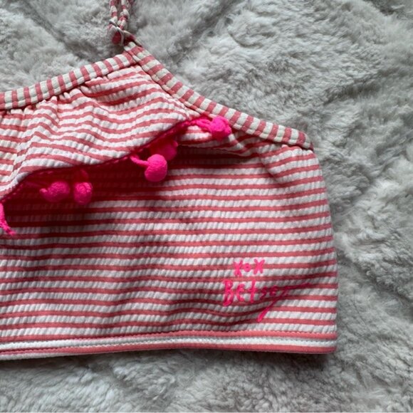 Betsey Johnson | Pink And Cream Seersucker Pompom Trimmed Bikini Set | Size 12 - Picture 4 of 7